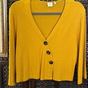 yellow button-up cardigan
